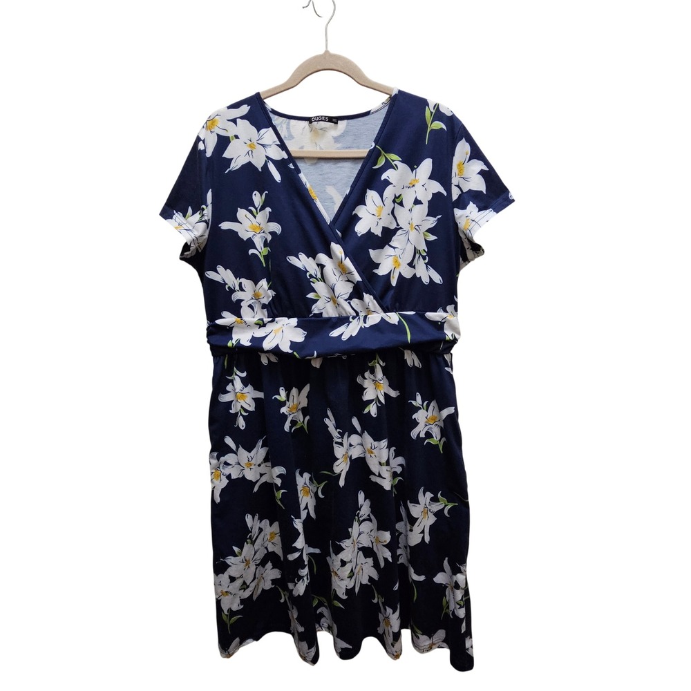 OUGES Navy Blue‎ White Lily Floral Faux Wrap Dress with Pockets XXL Plus Size